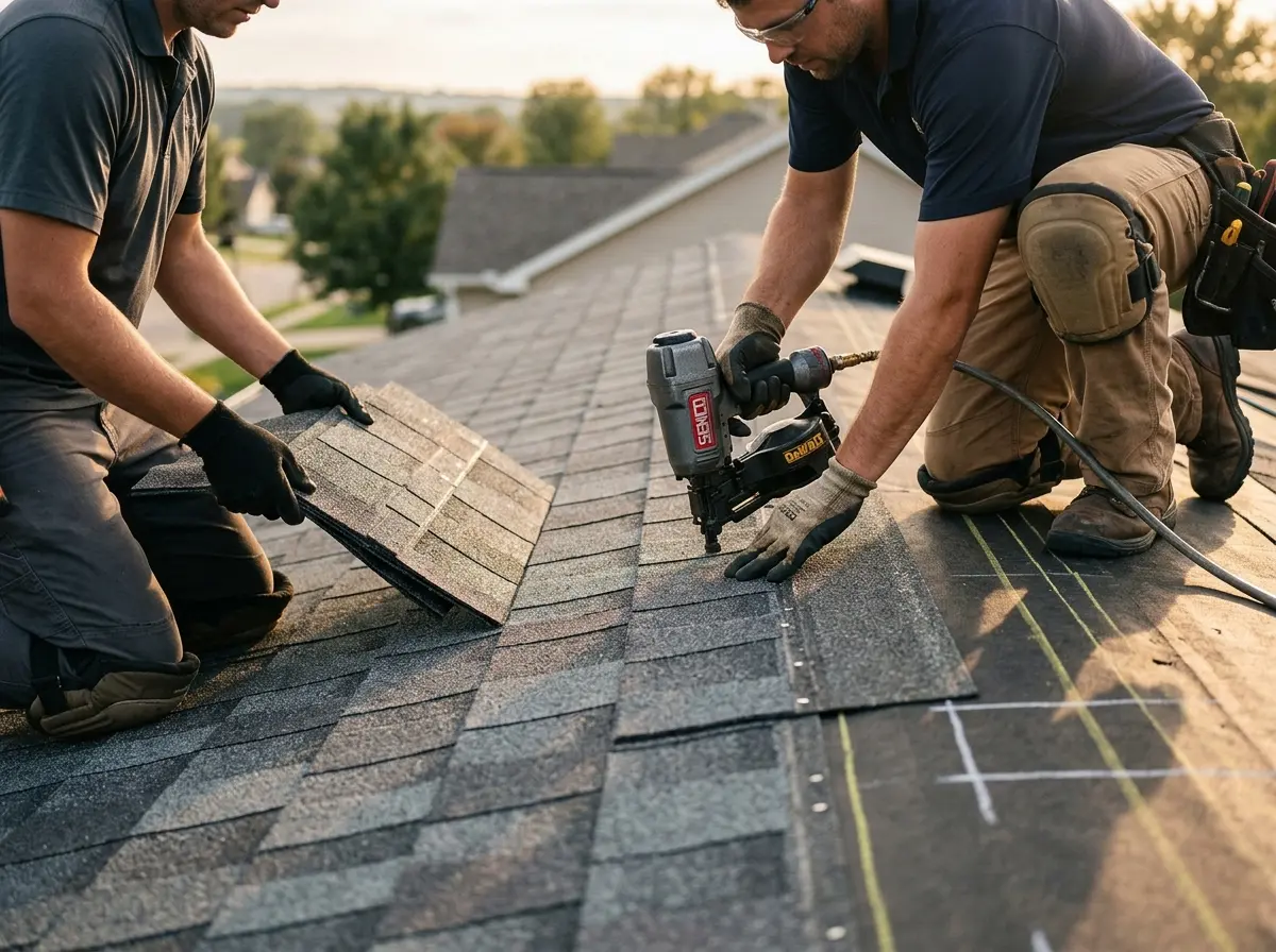 Professional roofer working on a residential roof in Voorhees